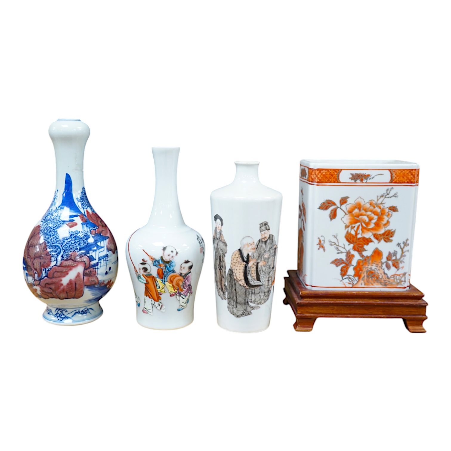 Two Chinese enamelled porcelain figure decorated vases, an underglaze blue and copper read garlic neck vase, and a rectangular jar with wood stand Condition - One vase cracked and chipped the rectangular jar lacking cove